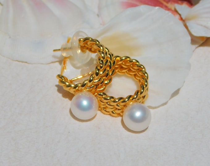 Vermeil Braided Hoop Pearl Earrings | AAA | 8mm Freshwater Pearls | 18mm Hoops | Braided Hoop | Modern Design | Hoops | White Pearls