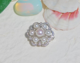 Seven Freshwater Pearl Brooch/Pendant | Pearl Pin | White Gold over Sterling Silver | Pearl Pin | AAA+ | CZ Pin | White | Multi Purpose