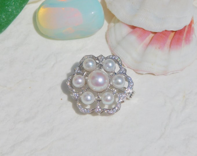 Seven Freshwater Pearl Brooch/Pendant | Pearl Pin | White Gold over Sterling Silver | Pearl Pin | AAA+ | CZ Pin | White | Multi Purpose