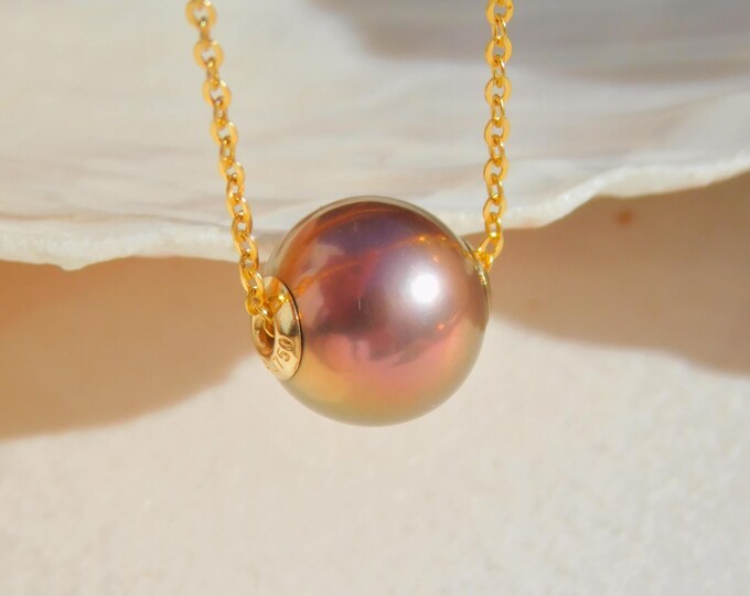 10.1mm Floating Pearl Necklace | Wine Pistachio | Freshwater Pearl | AAA+ | Dainty | Solid 18kt Yellow Gold Pin-end Chain | Metallic | Au750