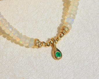 Ethiopian Opal and Natural Emerald Necklace | 4mm | Solid 18kt Gold | Au750 | 9K | AAA | Gemstone | Near Clear Opal | Roundel | 15 Inches