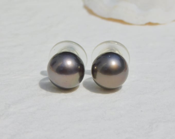 10.7mm Tahitian Pearl Studs | Brown Green | AAA | Round | Solid 18kt White Gold | South Sea Pearl | Tahitian Pearl | Black Pearl Studs