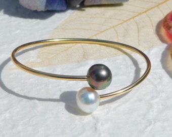 Dual South Sea Pearl By Pass Bangle | Round Gold filled Open Bangle  | 11.6mm | 6.5-6.75 inches Wrist Size | AAA | White and Green