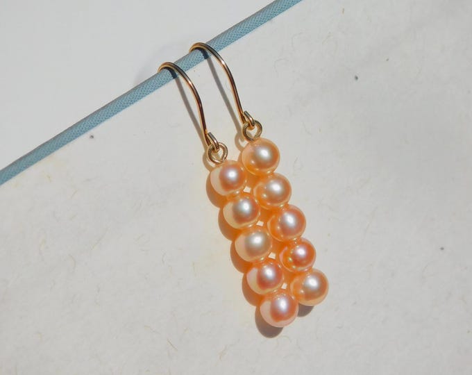 Coral Gold Pearl Bar Earrings | Solid 18k Yellow Gold | 5.5mm * 25mm | Five Pearls | Bright Coral Pink | Chinese Freshwater Pearls | AAA+