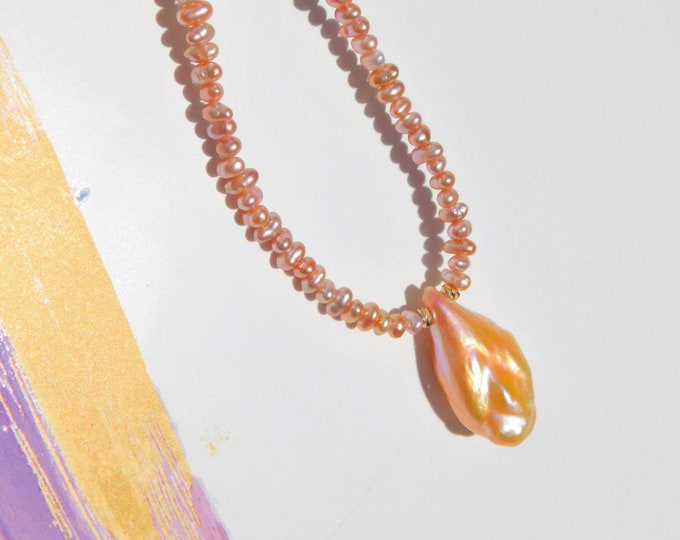 Pink and Coral Pink Freshwater Pearl Pendant Necklace | 4-5mm | Salmon |  Soft Tone | AAA+ | 15 Inches | Collar Necklace | Bib Necklace