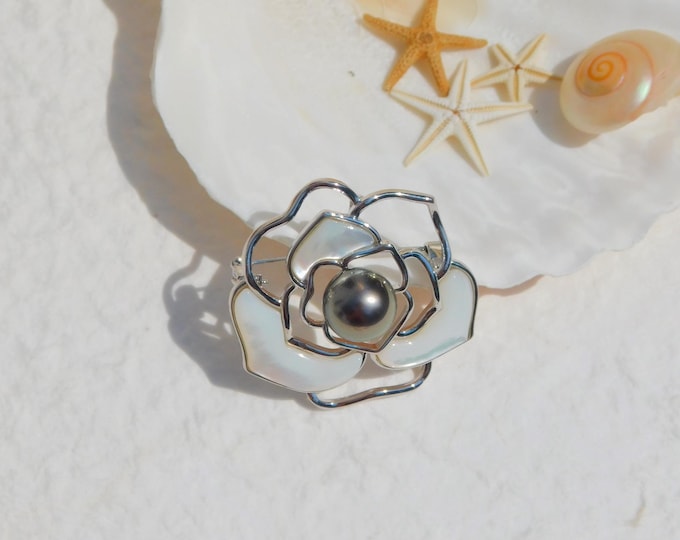 11.9mm Tahitian Pearl Brooch/Pendant | Mother-of-Pearl Flower | 18kt White  Gold Plated Alloy |  Green Black | AAA | Brooch Pin | Near Round