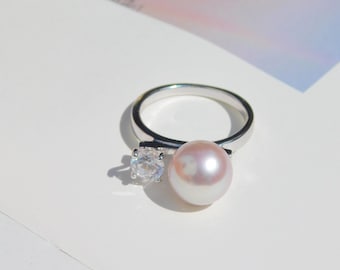 10.4mm Baby Pink Freshwater Pearl Sterling Silver Ring | AAA | Round | Size 7.75 US | White Gold Plated Silver | CZ Ring | Pearl Ring