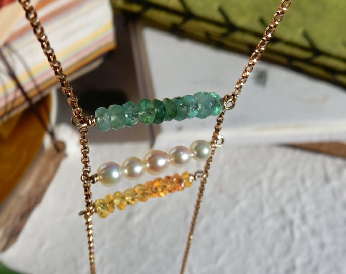 Dainty Y Akoya Pearl and Tourmaline Necklace | Gold Filled Rolo Chain | Tourmaline Bars | Saltwater Pearls  | Green | Yellow | Cream