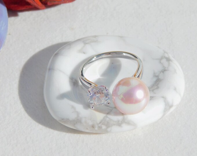 Floating Freshwater Pearl Ring | Open Ring | 10.8mm | Adjustable | White Gold Plated Silver | Metallic White with Strong Pink | AAA+ | CZ