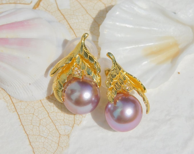 Vermeil Textured Branch and Leaf Pearl Earrings | Mauve Pink | AAA | 12.4mm | Drop Earrings | Freshwater Pearl Drop Earrings | Large Pearl