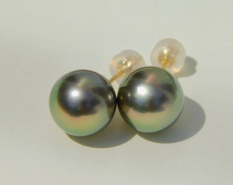 10mm Tahitian Pearl Studs | Light to Medium Tone Sage Green | AAA | Round | Solid 18K Gold Studs | South Sea Pearl | Saltwater Pearl Studs