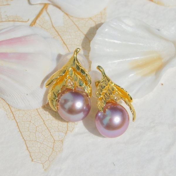 Vermeil Textured Branch and Leaf Pearl Earrings | Mauve Pink | AAA | 12.4mm | Drop Earrings | Freshwater Pearl Drop Earrings | Large Pearl