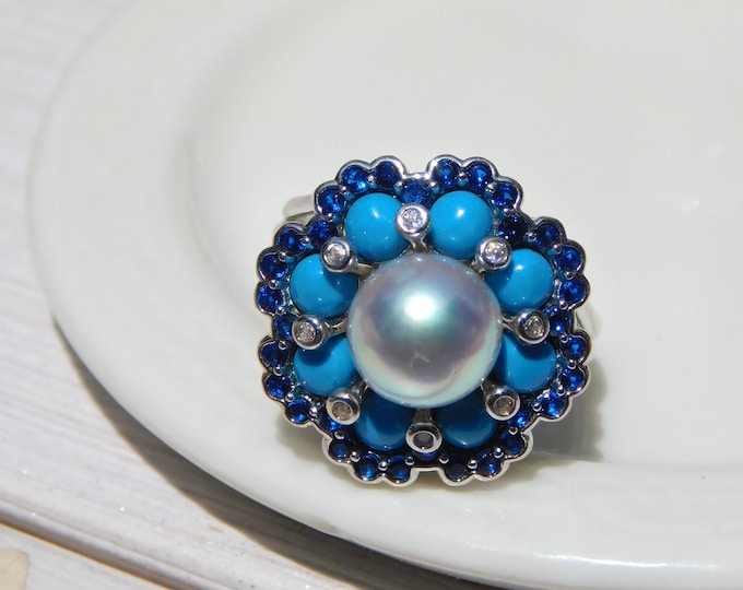 8.8mm Pastel Blue Akoya Sterling Silver Ring | Adjustable Ring | Blue | 7-8 US | Statement Ring | AAA | Saltwater Pearl