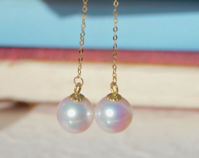 Long Dangle Pearl Earrings | Freshwater Pearls | Solid 18k Gold | AAA | Round | 8.1-8.2mm | Non-nucleated pearl | White with Pink