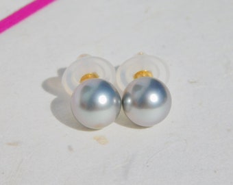 10.2mm Tahitian Pearl Studs | Gray Tahitian | AAA | Round | Solid 18K Gold Studs | South Sea Pearl | Tahitian Pearl Studs | Pastel Tahitian