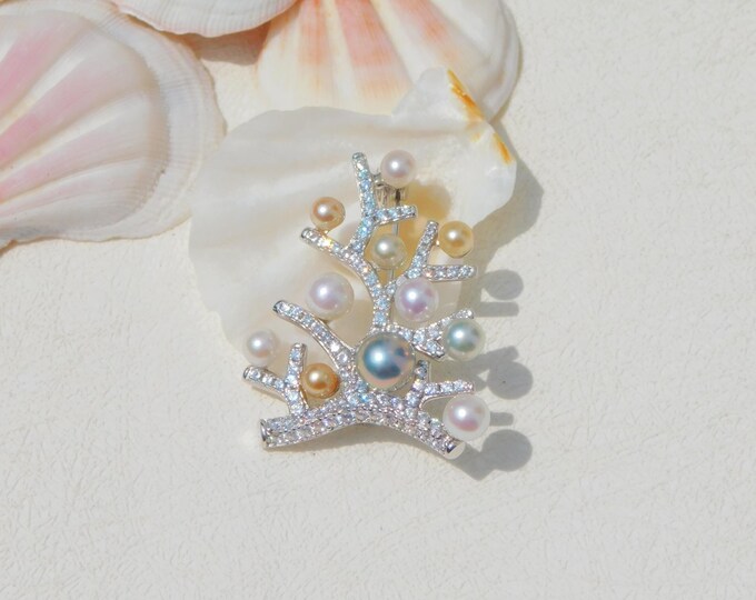 Silver Coral Reef Brooch | Multi-color Saltwater Pearls | White Gold over Silver | Pearl Pin | Akoya Pearls | Pastel Blue | Cream | White