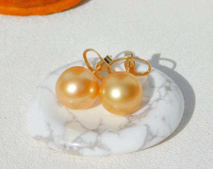 12.4mm Deep Golden South Sea Pearl Studs | AAA | Round | Solid 18K Yellow Gold Studs | Big South Sea Pearl Gold Studs | Large Gold Pearls