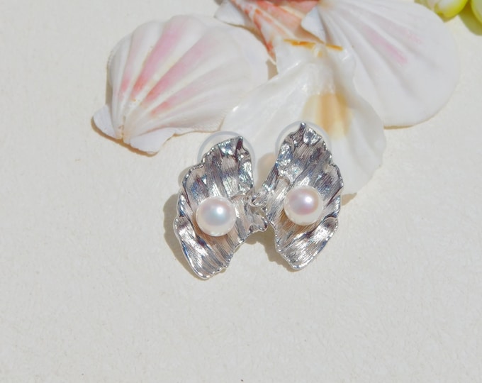 7.6mm Freshwater Pearl Earrings | Textured Silver | White Gold Plated Over Silver | White | Bold Earrings | Statement Earrings