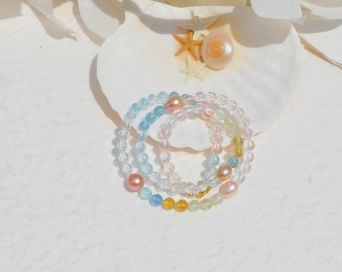 Aquamarine Morganite with Freshwater Pearl Necklace | 20.75 Inches | Solid 18kt Yellow Gold |  AAA+ | Gemstone and Pearl | Peachy Pink