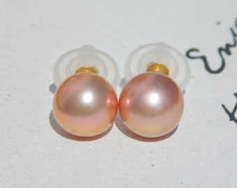 10.8mm Peachy Pink Pearl Studs | Freshwater Pearls | AAA | Metallic Pink | Solid 18K Gold | Large Pearl Studs | Edison Pearl