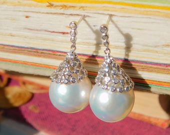 12.5mm Freshwater Pearl Earrings | Sterling Silver | AAA | White | Round | CZ | Silvery White | Big White Earrings | Chinese Freshwater