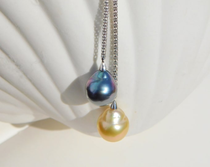 Y and Lariat Necklace | Tahitian & Golden South Sea Pearl | Aubergine Peacock | Adjustable Silver Popcorn Chain | South Sea Pearl Necklace