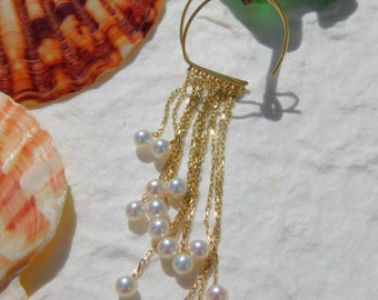 10K Gold Tassel Earrings | Baby Pearl Earrings | Tiny Pearls | Waterfall | Gold | 4-4.5mm | Chinese Freshwater Pearl | Long Dangle Earrings