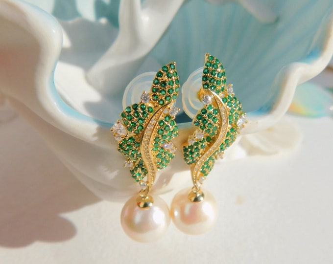 Cluster Leaf Pearl Earrings | 12.6mm | Green CZ | White Pearl Earrings | Drop Earrings | Freshwater Pearls