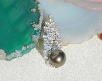 Sterling Silver Cluster Tahitian Pearl Brooch/Pendant | AAA+  | 11mm | Peacock Green | Tahitian Pearl Pin | South Sea Pearl Brooch | Green