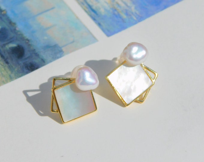 Freshwater Keshi Pearl Mother of Pearl Square Stud Earrings | Vermeil Post Earrings | Super Luster | AAA+ | Gold Plated Silver | 6*7mm