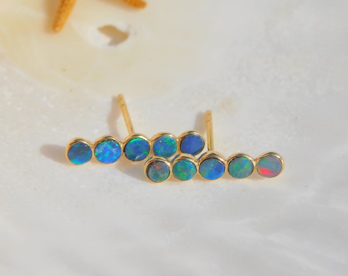 Australian Opal Stud Earrings | Solid 18k Yellow Gold | Opal Bar Stud Earrings | Green | Blue