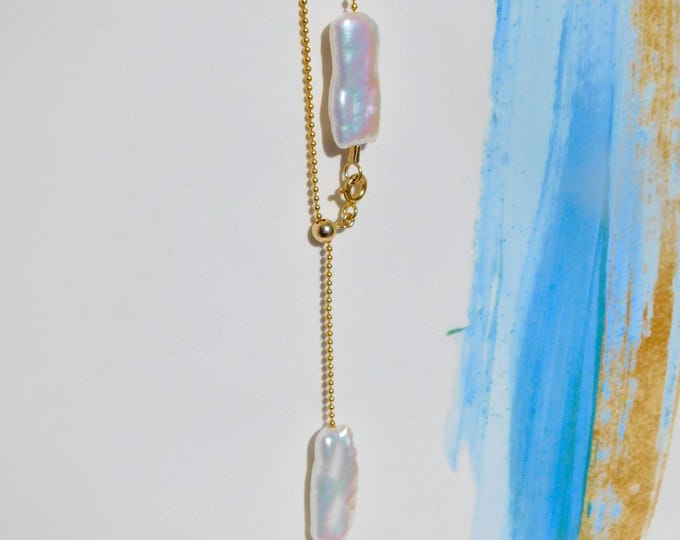 Dangle Pearl necklace |  Lariat & Y Necklace | Biwa Pearls | Gold Filled Beaded Chain | AAA+ | 1.5mm Gold filled | 22.5 Inches | Layering