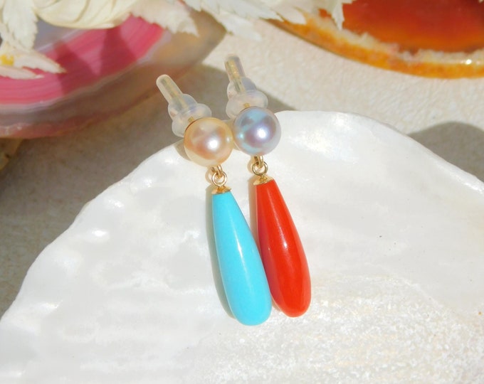 Mismatched Long Teardrop Earrings | Japanese Akoya Pearl | Italian Coral | Turquoise | Solid 18k Gold | Saltwater Pearls | Red | Blue | AAA+