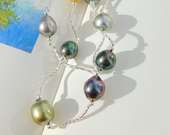 Colorful South Sea Pearl Wavy Tubes Necklace | Multi Strand Sterling Silver Twisted Tube | Saltwater Pearl Long Necklace |  22 Inches