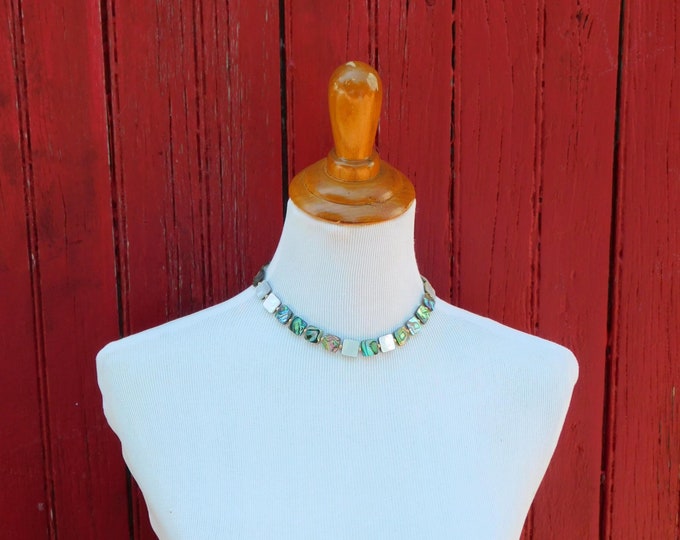Square Abalone Shell and Mother of Pearl Necklace | Shell Necklace |   Peacock | White | Gold Filled Toggle Clasp | 16.5 Inches | Choker