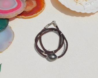 Leather and Tahitian Pearl Necklace | 13.5mm | Deep Brown | Pearl and Leather Choker | Round Black Pearl | Unisex | 19.5 Inches | Silver