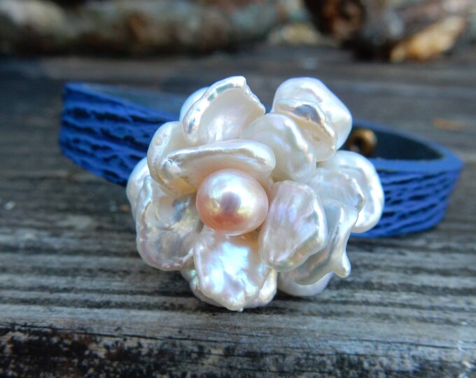 Leather and Pearl Cuff Bracelet, Pearl Flower Bracelet, Blue, Petal Pearl