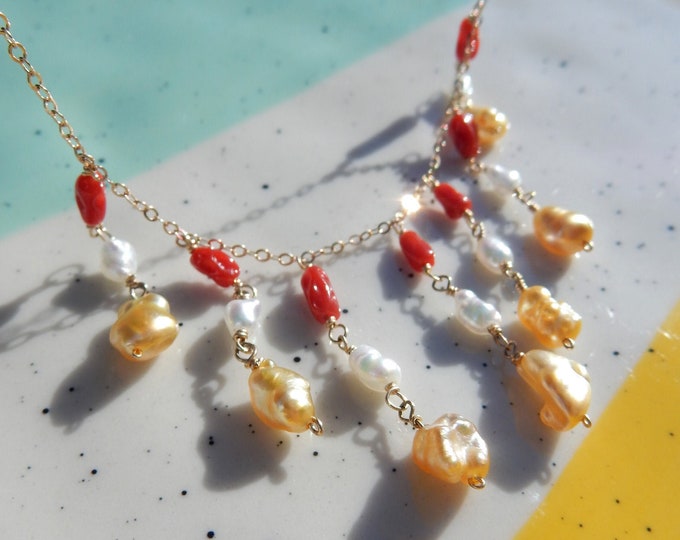 Keshi Pearl and Coral Waterfall Necklace | Gold-filled Chain Wire Work | White Akoya | Golden South Sea | Red Coral | Dainty Chain Necklace