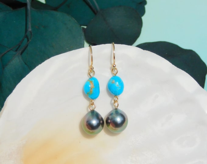 Tahitian Pearls and Sleeping Beauty Turquoise Earrings | Solid 18k Gold | 9.3mm | AAA |  Blue Gemstone | Au750 | Gemstone and Pearls