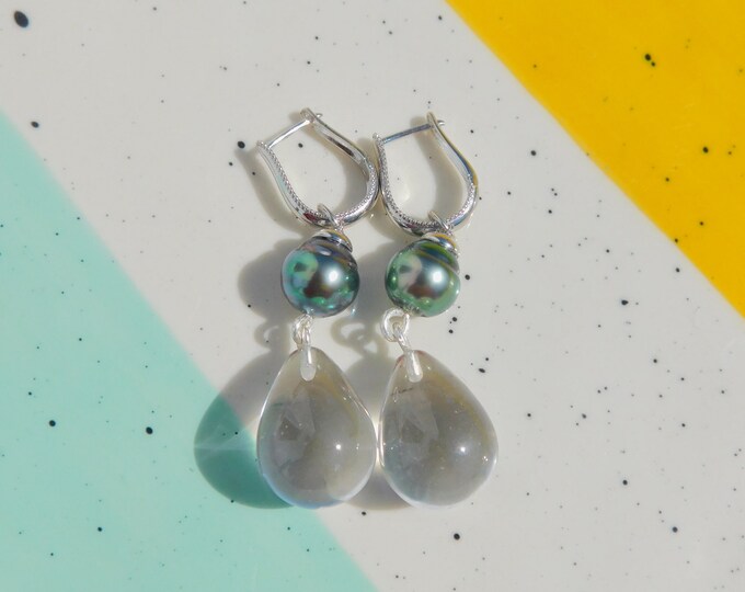 Circled Tahitian Pearls with Clear Quartz Earrings | 9.5mm | AAA | Black Pearl Drop Earrings | Sterling Silver | Horseshoe Hoops
