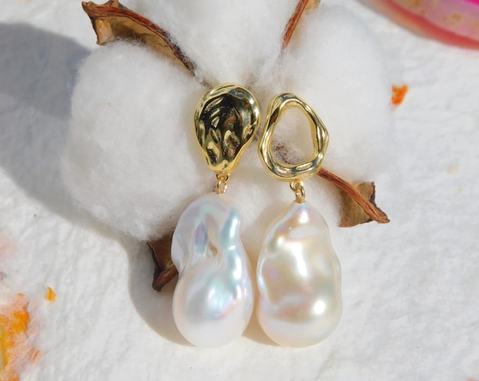 Large Baroque Pearl Vermeil Earrings | Mismatched Earrings | AAA | Gold Over Sterling Silver with CZ | Fireballs | White
