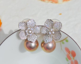 Cluster Pearl Earrings | CZ Cherry Blossom | Metallic Mauve Pistachio | AAA+ | Drop Earrings | Freshwater Pearl | White Gold plated Silver