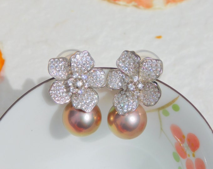 Cluster Pearl Earrings | CZ Cherry Blossom | Metallic Mauve Pistachio | AAA+ | Drop Earrings | Freshwater Pearl | White Gold plated Silver