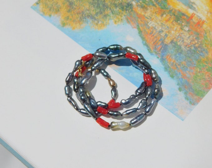 3-4mm Tahitian Keshi Pearl and Red Coral Necklace | AAA | Solid 18kt Gold | Free Formed Pearls | 16.25 Inches | Black Pearls | Stacking