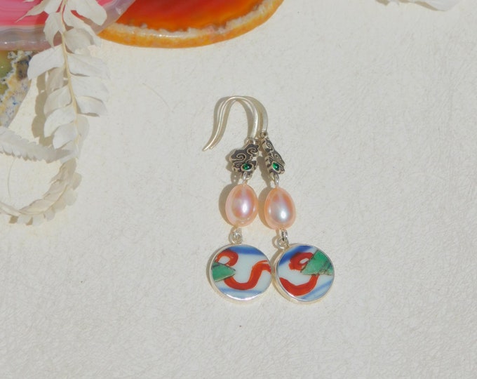 Qing Dynasty Broken China and Freshwater Pearl Earrings |  Sterling Silver | Red | Chinese Shard Porcelain | Vintage Pottery Shard Earrings