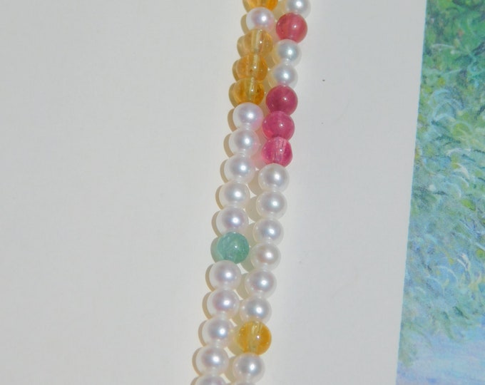 3-4mm Freshwater Pearls with Rainbow Tourmaline Necklace | Pearl and Gemstone | Solid 18kt Gold | AAA | Au750 | 16.25 Inches | Choker