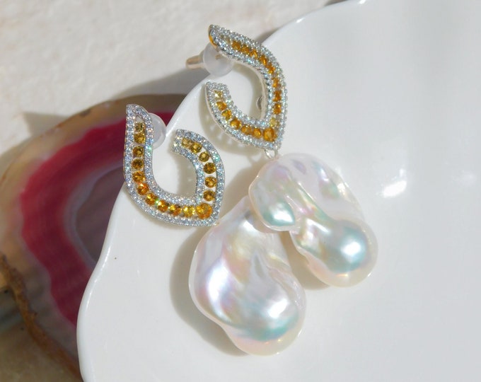 Huge Barqoue Pearl Cluster Earrings | Bold Design | AAA+ | Sterling Silver | Yellow CZ | White Gold Plated | Fireball Pearl Earrings