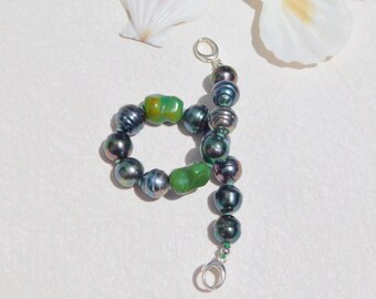 Circled Tahitian Pearl and Turquoise Bracelet | Shades of Blue and Green | 9.3-10mm | Black Pearls | 6.5-6.75 inches Wrist | Silver