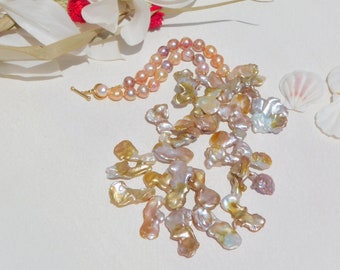 Mauve Golden Petal Pearl Necklace  | 22.5 Inches | Baroque Pearl | Chinese Freshwater Pearl | Bold Statement Necklace | Chunky Necklace
