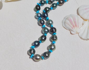 19 Inches Circled Tahitian Pearl Necklace with Sleeping Beauty Turquoise | AA+ | Teardrop | Black Pearls | 9.8mm to 11mm